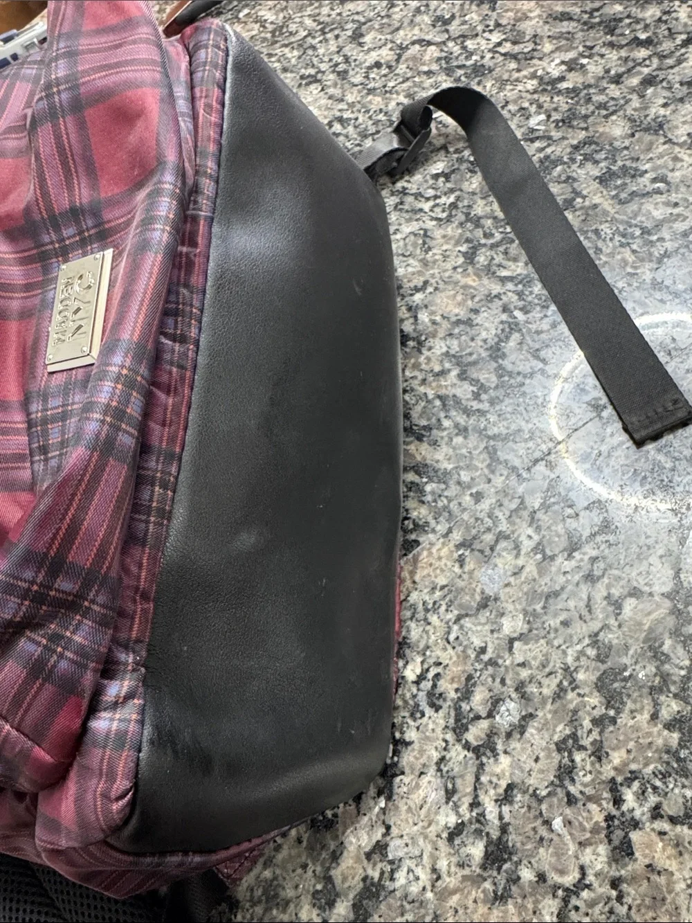 Madden NYC Burgundy Plaid Backpack with Front Zip Pocket shiny silver hardware